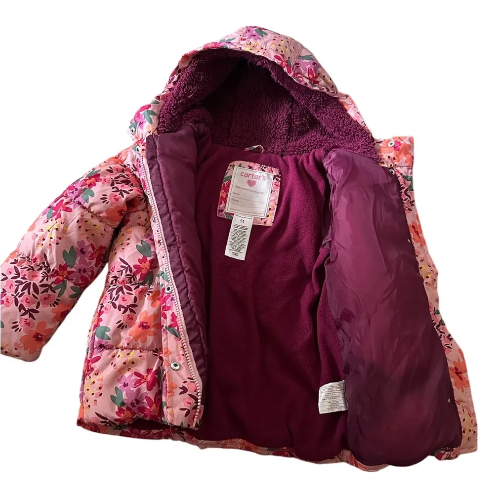 Carter’s Kids Floral Pink Puffer Jacket with Hood - Picture 3 of 5